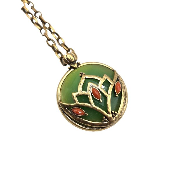 Lucky Brand Boho Pendant Necklace Enamel Art Deco Style Green Coral 19" Chain - Picture 4 of 6